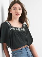 Gap Women Embroidery Square Neck Top - Moonless Night