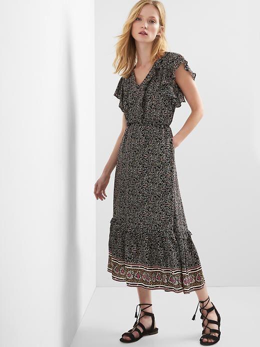 Gap Women Flutter Tier Midi Dress - Black Print