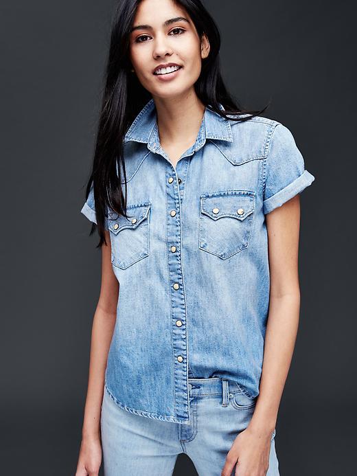 Gap Women 1969 Denim Short Sleeve Western Shirt - Medium Indigo