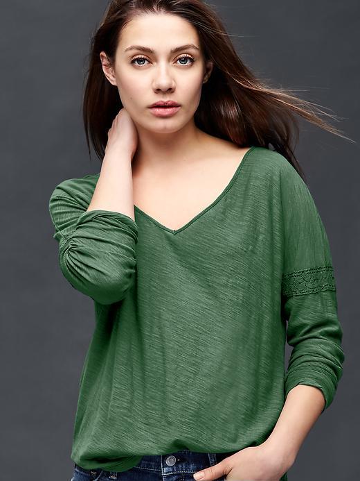 Gap Long Sleeve Lace Trim Top - Cool Olive