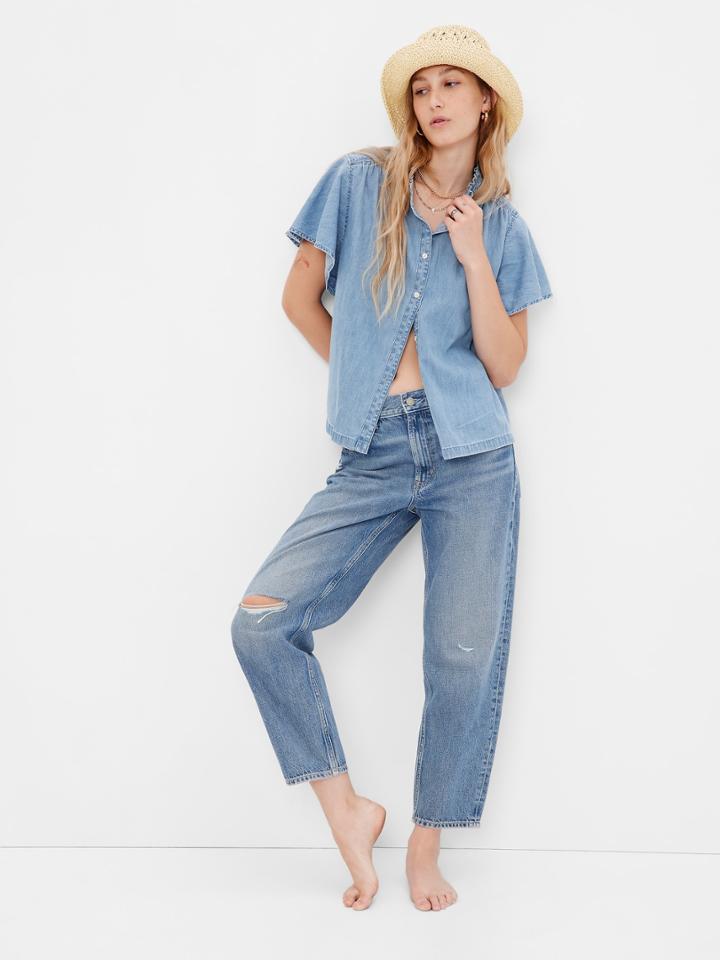 Flutter Sleeve Denim Shirt With Washwell