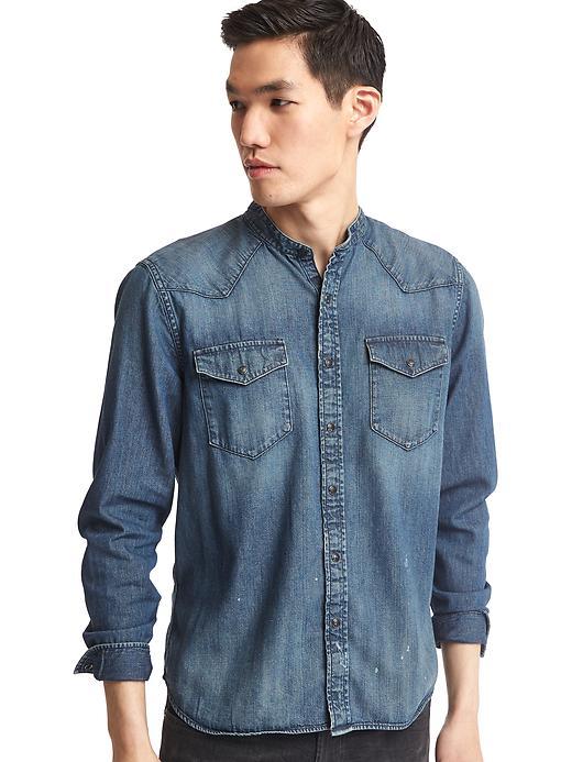 Gap Men 1969 Denim Mix Plaid Western Slim Fit Shirt - Tinted Repair
