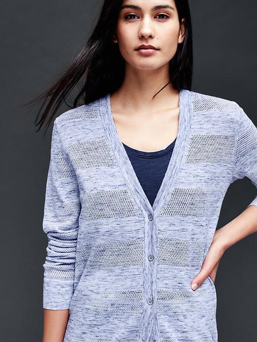 Gap Women Cotton Textured Stripe V Neck Cardigan - Light Blue