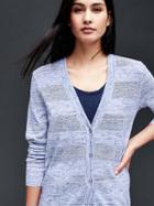 Gap Women Cotton Textured Stripe V Neck Cardigan - Light Blue