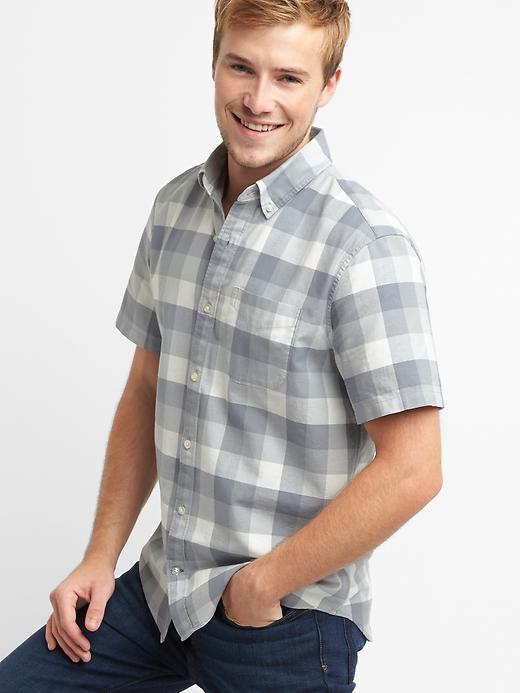 Gap Men Oxford Buffalo Plaid Short Sleeve Shirt - Medium Grey