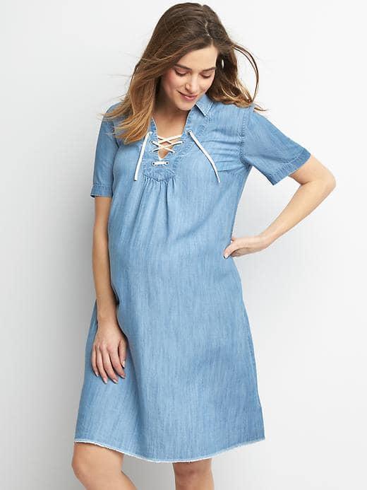 Gap Women Tencel Lace Up Neckline Dress - Medium Indigo