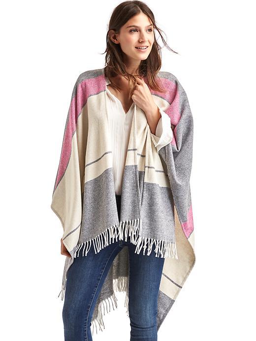 Gap Women Lightweight Mix Stripe Fringe Poncho - Heather Grey Stripe