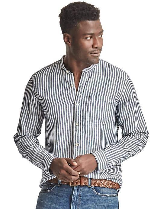 Gap Men Stripe Band Collar Linen Cotton Shirt - Night