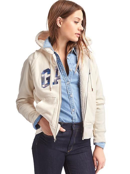 Gap Women Plaid Logo Sherpa Zip Hoodie - Snow Cap