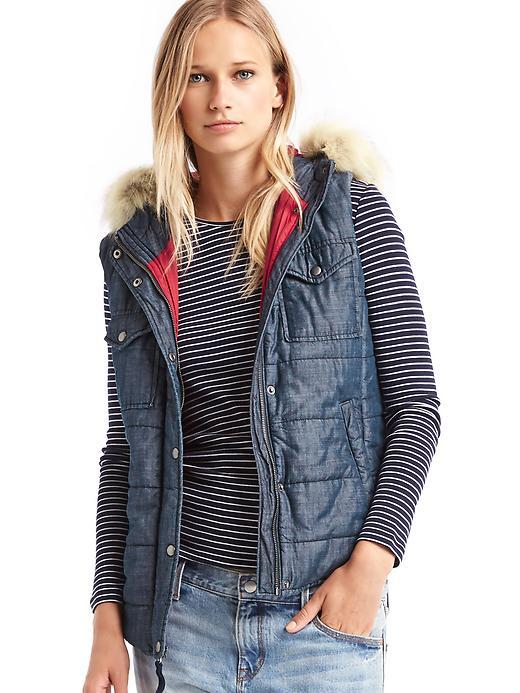 Gap Women X Red Fur Trim Puffer Vest - Indigo