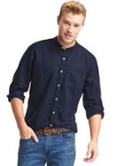 Gap Men Linen Cotton Band Collar Standard Fit Shirt - Navy