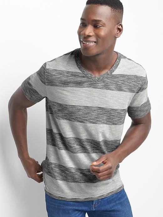 Gap Men Rugby Stripe V Neck Slub Tee - Gray Stripe