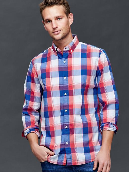 Gap Men Multi Plaid Poplin Shirt Slim Fit - Red