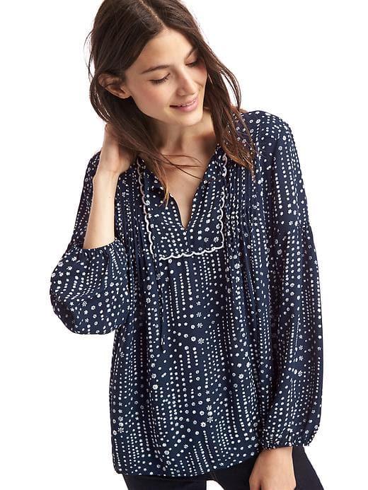 Gap Women Mini Flower Print Split Neck Top - Navy Print