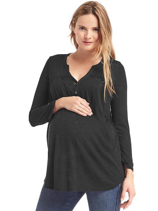 Gap Long Sleeve Shirred Henley - True Black