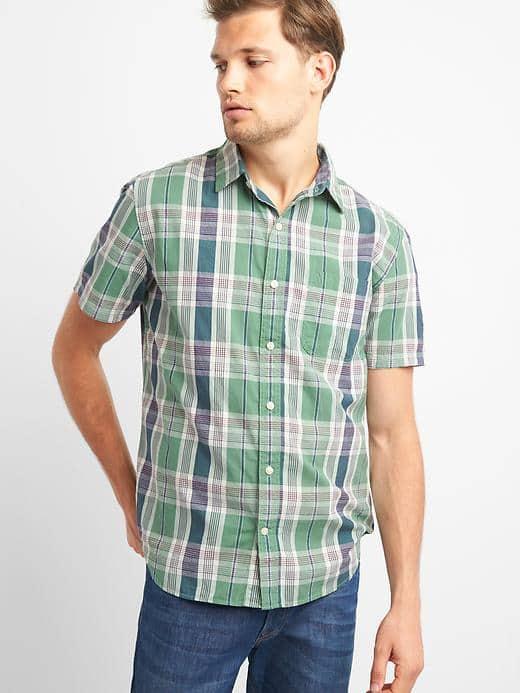 Gap Men Madras Plaid Short Sleeve Shirt - Green Plaid