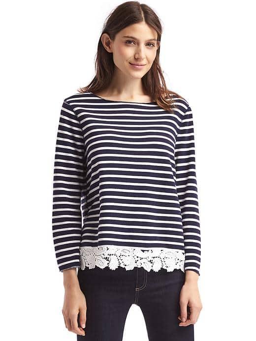 Gap Women Lace Hem Bell Sleeve Pullover - Navy Stripe