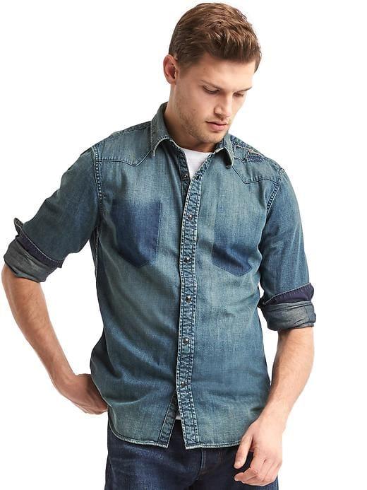 Gap Men 1969 Denim Patchwork Slim Fit Western Shirt - Indigo Patchwork