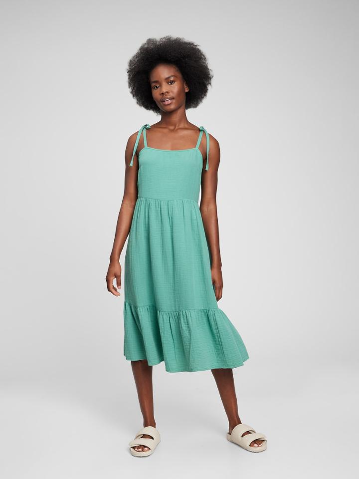 Crinkle Gauze Tie-shoulder Tiered Midi Dress