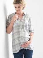 Gap Women Plaid Twill Convertible Shirt - Grey Plaid