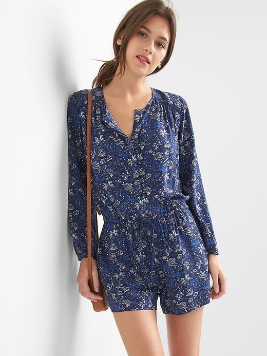 Gap Women Long Sleeve Split Neck Romper - Blue Floral
