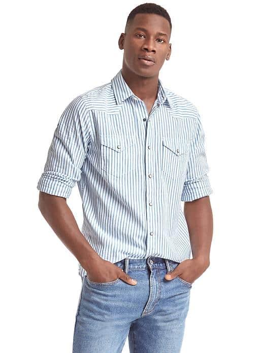 Gap Men Indigo Stripe Western Shirt - Baltic Blue