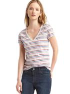 Gap Women Vintage Wash Multi Stripe V Neck Tee - Blue Stripe