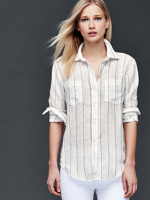 Gap Women Linen Boyfriend Shirt - Blue Stripe