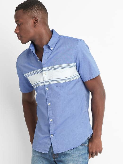 Gap Men Oxford Chest Stripe Short Sleeve Slim Fit Shirt - Brillant Blue