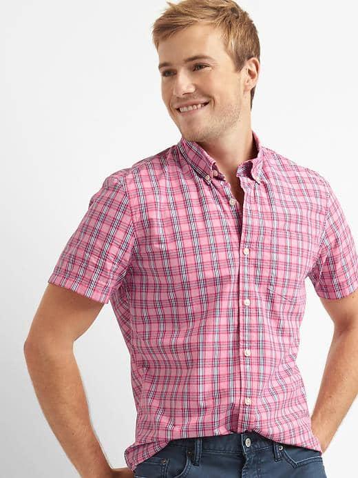Gap Men Poplin Plaid Short Sleeve Slim Fit Short - Preppy Pink