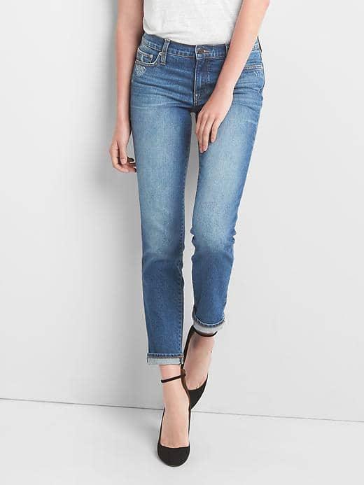 Gap Women Mid Rise Distressed Real Straight Jeans - Medium Indigo