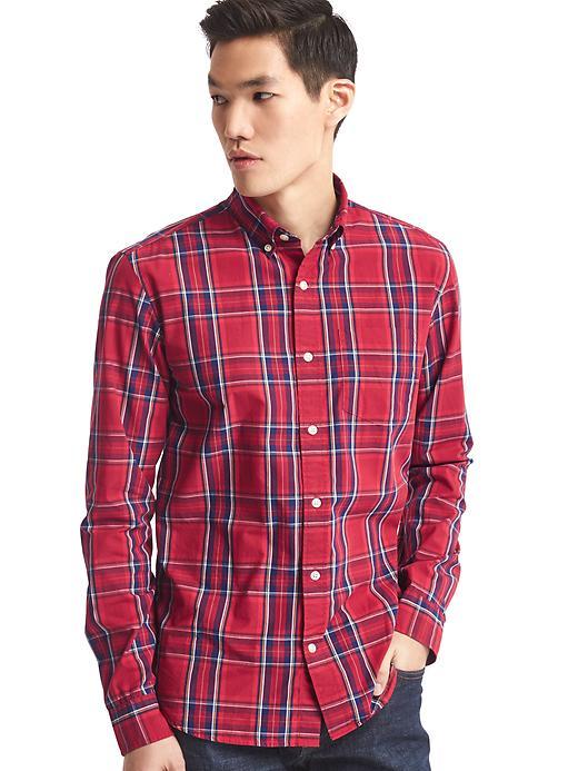 Gap Men True Wash Large Plaid Standard Fit Shirt - Lasalle Red