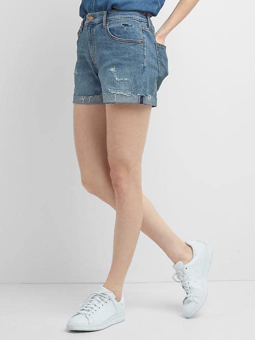 Gap Women Mid Rise Denim Distressed Raw Hem Shorts - Medium Indigo