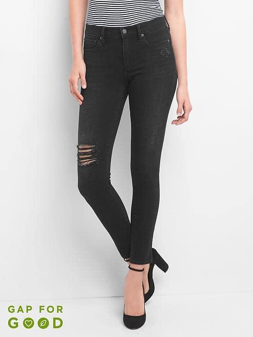 Gap Women Mid Rise True Skinny Destructed Jeans - Worn Black Destroy