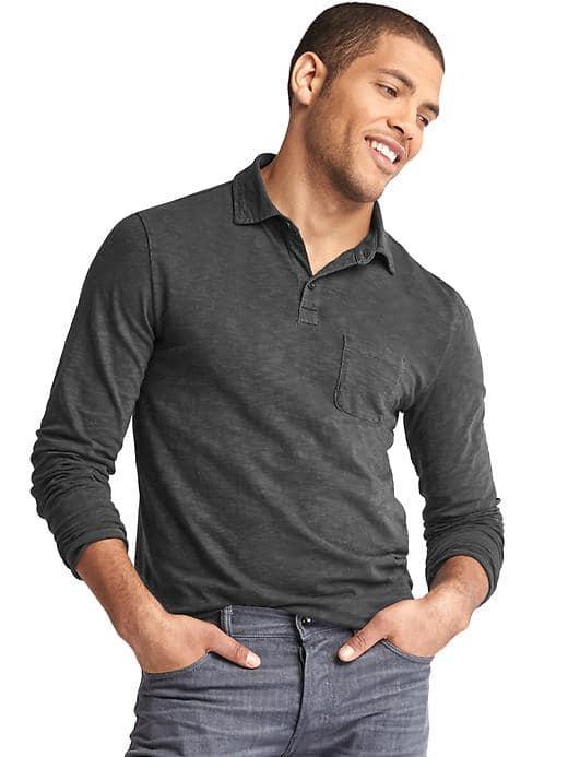 Gap Men Slub Long Sleeve Polo - Moonless Night