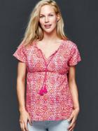 Gap Women Ikat Split Neck Tassel Top - Coral Pink/ikat Print