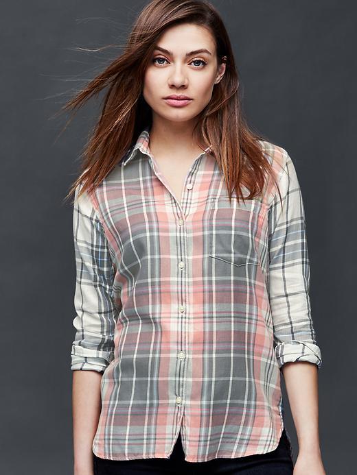 Gap Women Flannel Plaid Combo Fitted Boyfriend Shirt - Pink Combo