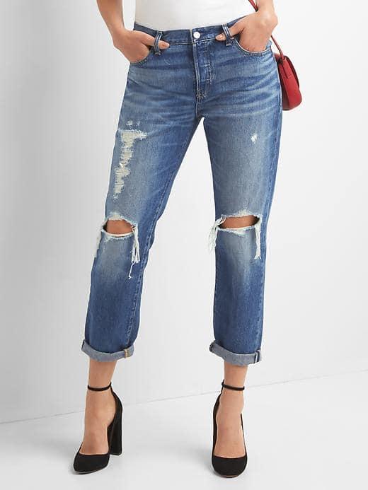 Gap Mid Rise Destructed Boyfriend Jeans - Medium Indigo