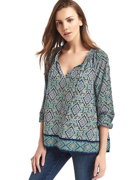 Gap Women Tile Print Smock Blouse - Blue Print