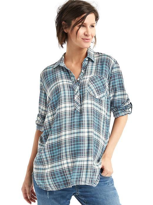 Gap Plaid Convertible Henley Shirt - Turquoise Plaid
