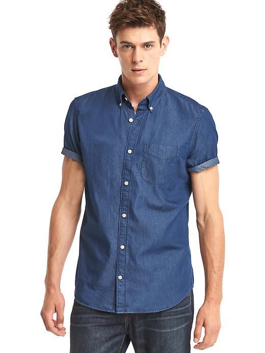 Gap Men Oxford Indigo Short Sleeve Standard Fit Shirt - Dark Wash Indigo