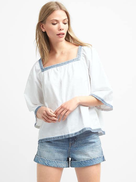 Gap Women Denim Square Neck Embroidery Top - White Denim