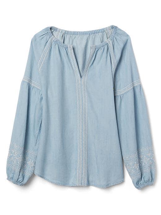Gap Women Tencel Long Sleeve Embroidery Top - Light Bleached