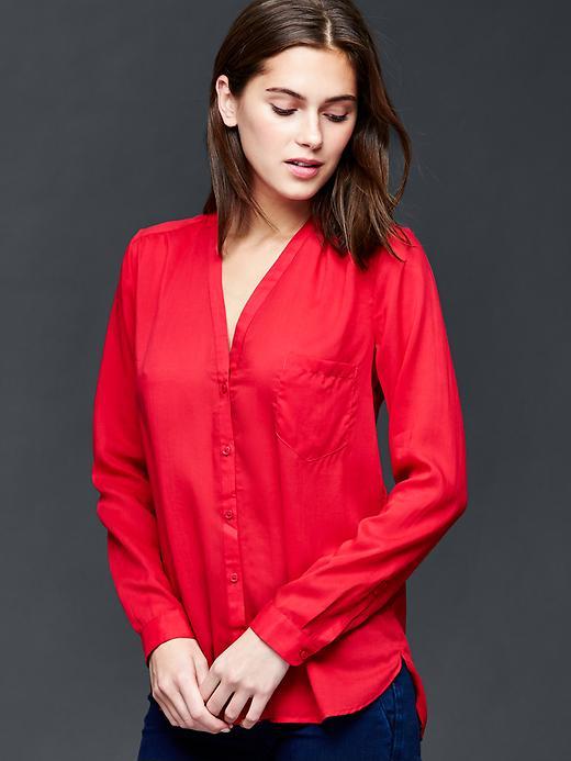 Gap Women V Neck Long Sleeve Shirt - Modern Red