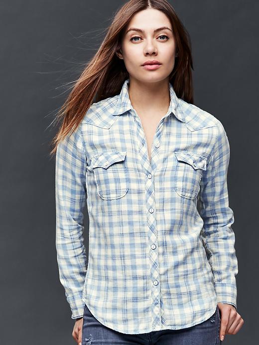 Gap Women 1969 Plaid Denim Slim Western Shirt - Light Blue Plaid