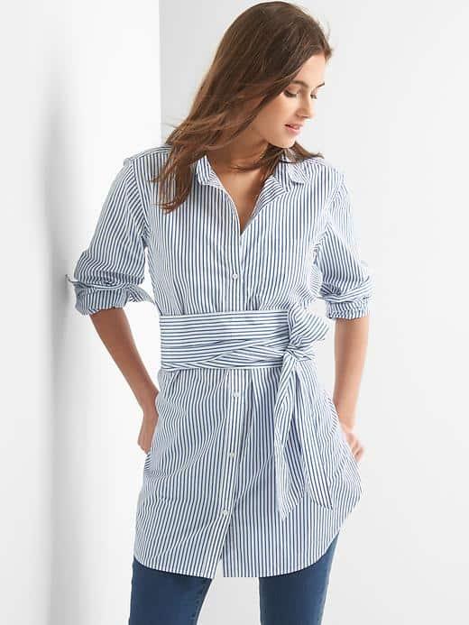 Gap Women Stripe Wrap Belt Shirt - Blue & White Stripe