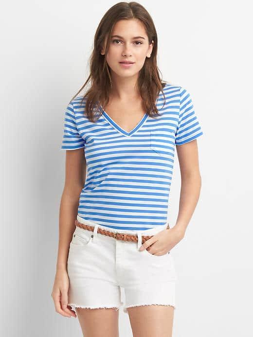 Gap Women V Neck Stripe Pocket Tee - Blue Stripe