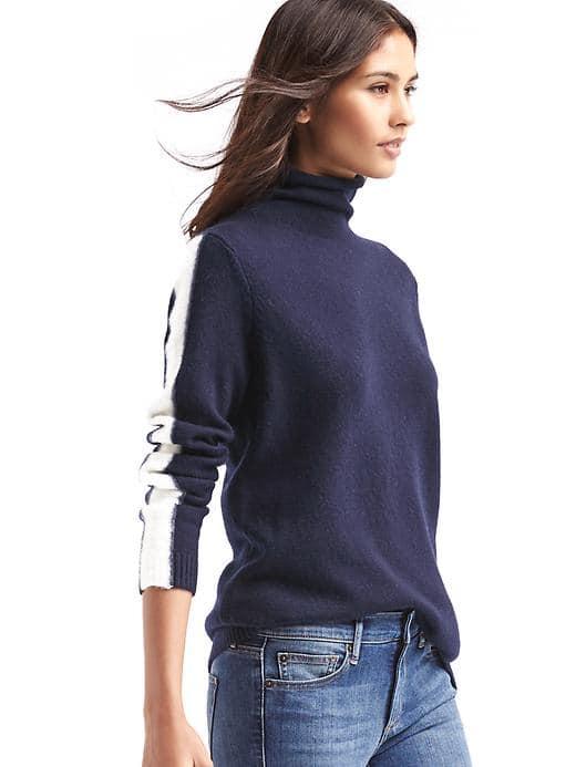 Gap Women Merino Wool Blend Sleeve Stripe Turtleneck. - Dark Night