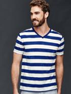 Gap Men Vintage Wash Rugby Stripe V Neck T Shirt - Blue Stripe