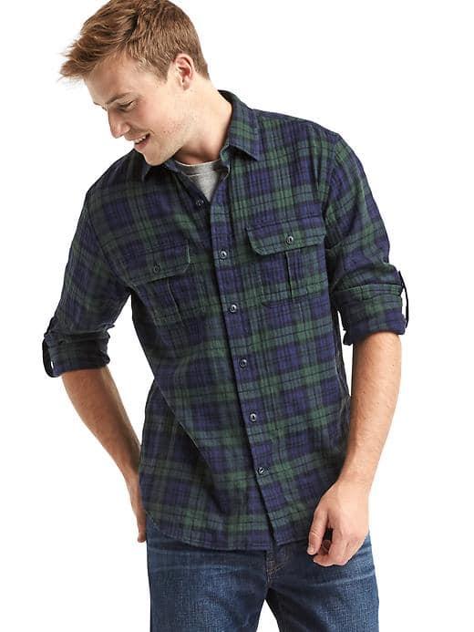 Gap Men Herringbone Plaid Standard Fit Shirt - Deep Hunter